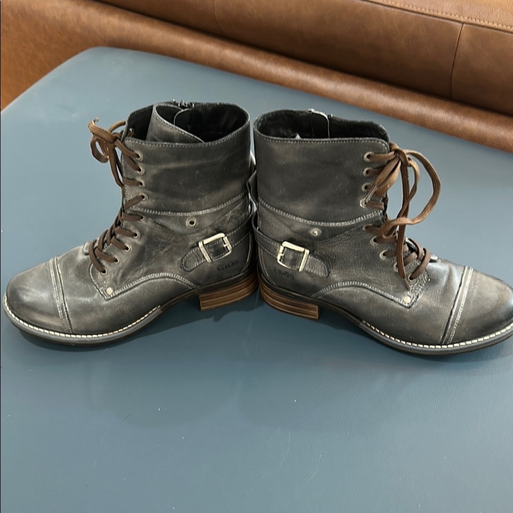 TAOS Charcoal Leather Ankle Boots with Buckle and Lace-Up Design